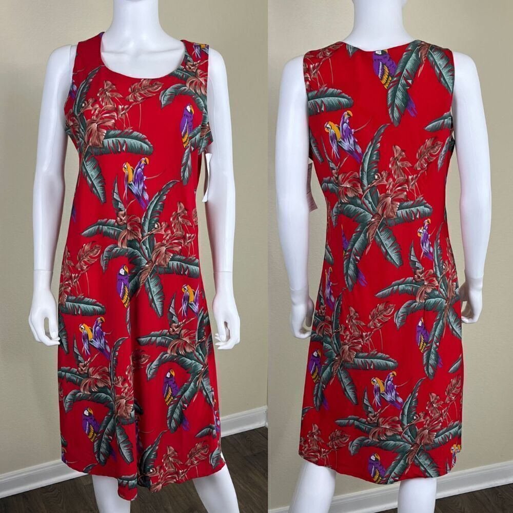 Paradise Found Women's Size L Red Jungle Bird Floral Magnum PI Tank NEW Dress